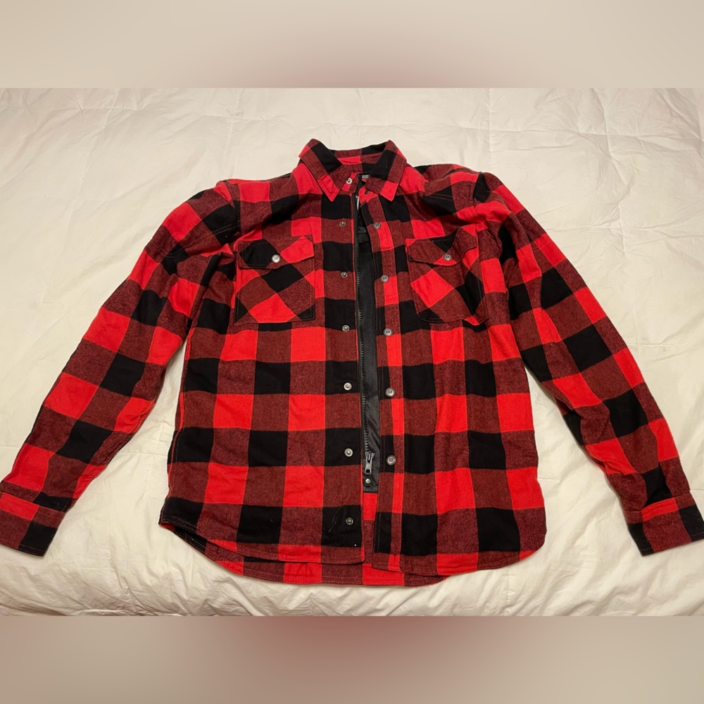 Red flannel Speed and Strength motorcycle jacket with built in armor. Men’s (S).